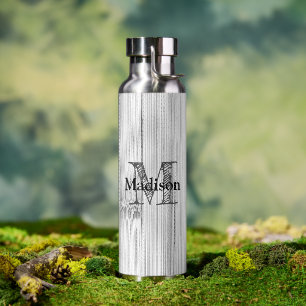 Cool gray bamboo wood print Monogram Water Bottle