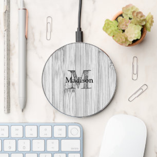 Cool gray bamboo wood print Monogram Wireless Charger