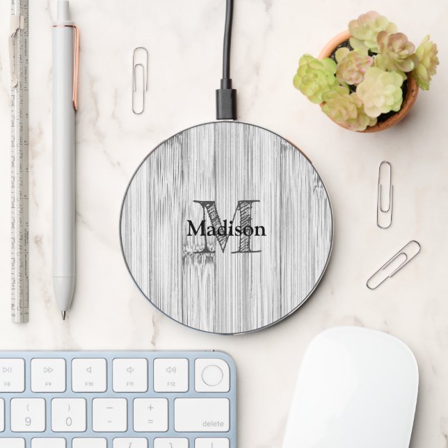 Cool gray bamboo wood print Monogram Wireless Charger (Desk)