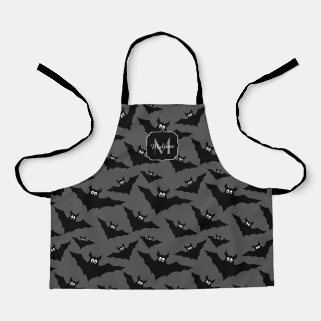 Cool gray black bats Halloween pattern Monogram Apron (Front)
