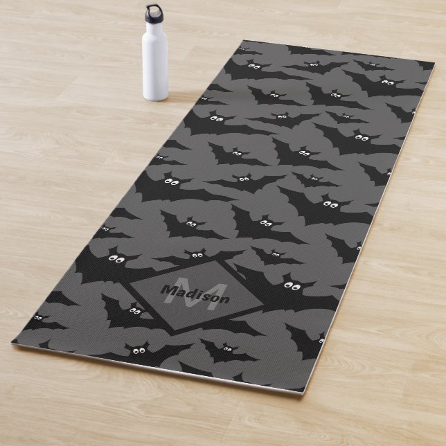 Cool gray black bats Halloween pattern Monogram Yoga Mat (In Situ)