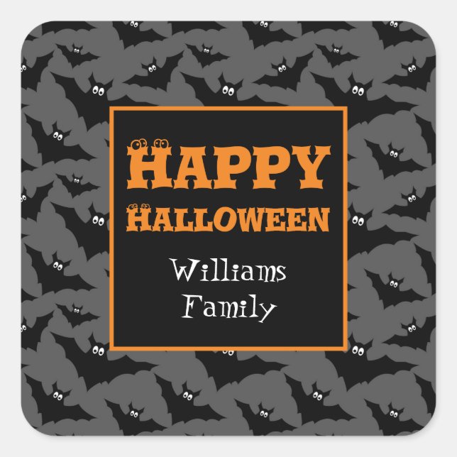 Cool gray black Flying bats Happy Halloween Square Sticker (Front)