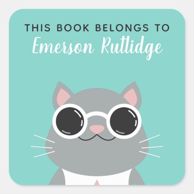Cool Gray Cat | Turquoise This Book Belongs To Square Sticker (Front)