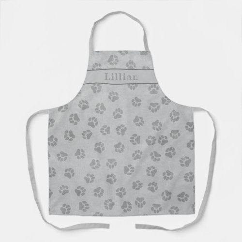 Cool Gray Dog Paw Print Pattern Personalized Apron