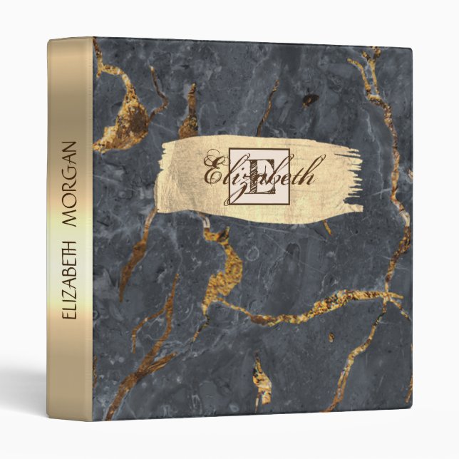 Cool Gray Gold Marble Texture Monogram  3 Ring Binder (Front/Spine)