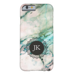 Cool Gray &amp; Green Marble Monogram Barely There iPhone 6 Case