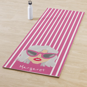 Cool Gray Hair Woman with Glasses Custom Name Yoga Mat