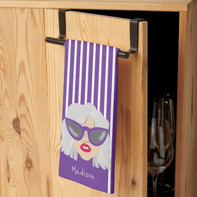 Cool Gray-Haired Woman Purple Custom Name Kitchen Towel (Thirds Fold)