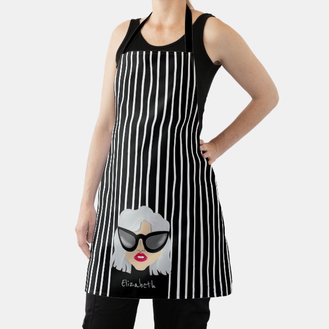 Cool Gray-Haired Woman with Glasses Custom Name Apron (Insitu)