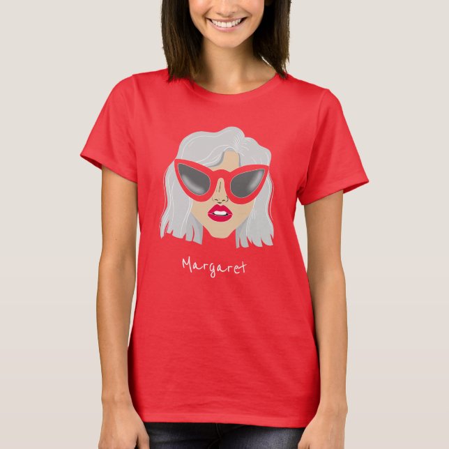 Cool Gray-Haired Woman with Glasses Custom Name T-Shirt (Front)