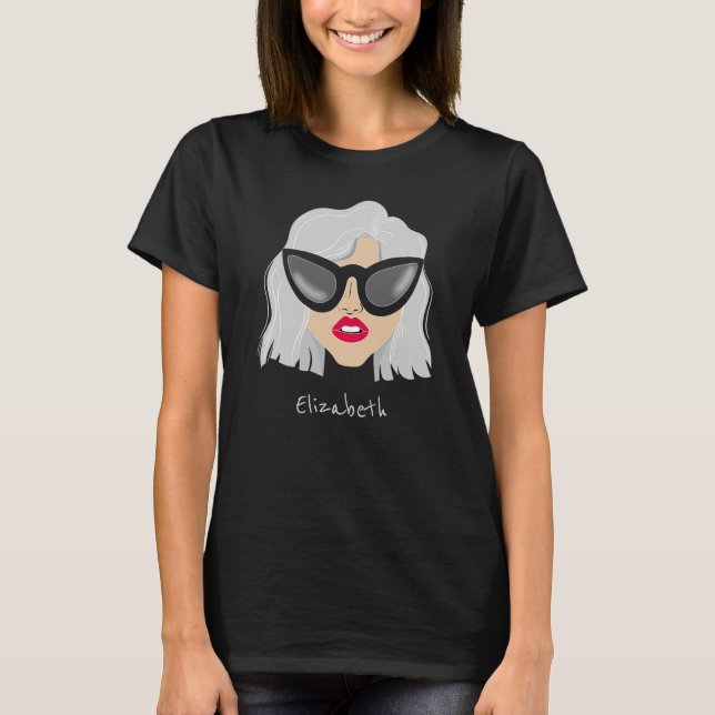 Cool Gray-Haired Woman with Glasses Custom Name T-Shirt (Front)