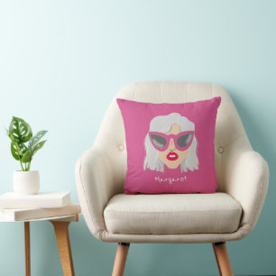 Cool Gray-Haired Woman with Glasses Custom Name Throw Pillow