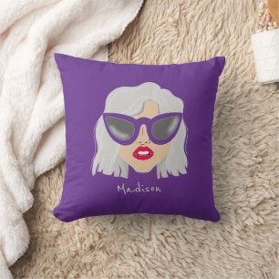 Cool Gray-Haired Woman with Glasses Custom Name Throw Pillow