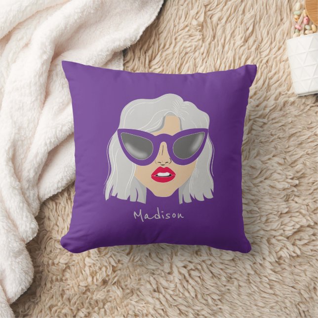 Cool Gray-Haired Woman with Glasses Custom Name Throw Pillow (Blanket)