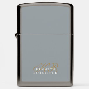 Cool Gray Minimalist Brass White Monogram Men Chic Zippo Lighter