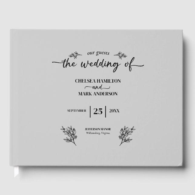 Cool Gray Trendy Script Wedding Guest Book (Front)