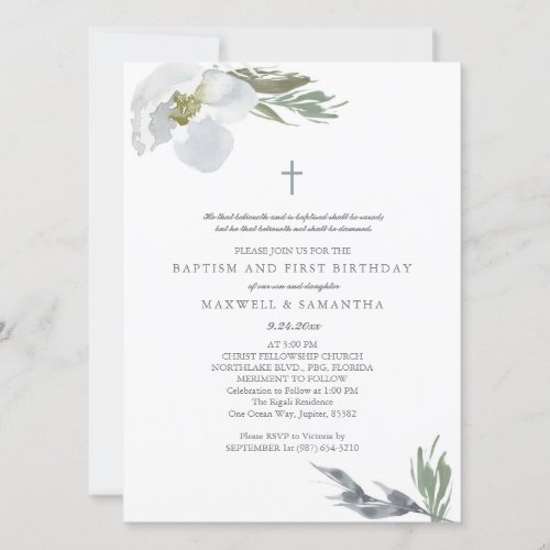 Cool Gray Watercolor Florals Twins Baptism Invitation