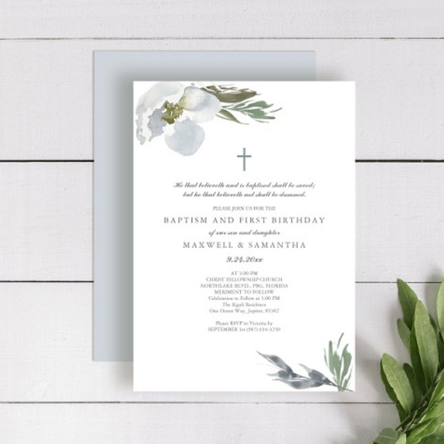 Cool Gray Watercolor Florals Twins Baptism Invitation (baptism invitations with godparents names for twins grey floral botanicals)