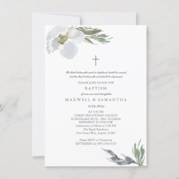 Cool Gray Watercolor Florals Twins Baptism Invitation by VGInvites at Zazzle