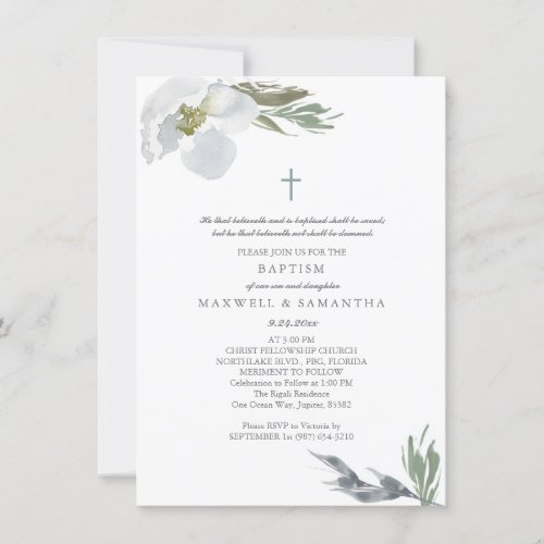 Cool Gray Watercolor Florals Twins Baptism Invitation