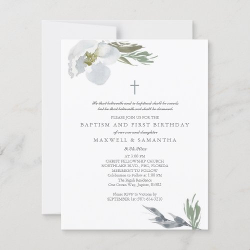 Cool Gray Watercolor Florals Twins Baptism Invitation