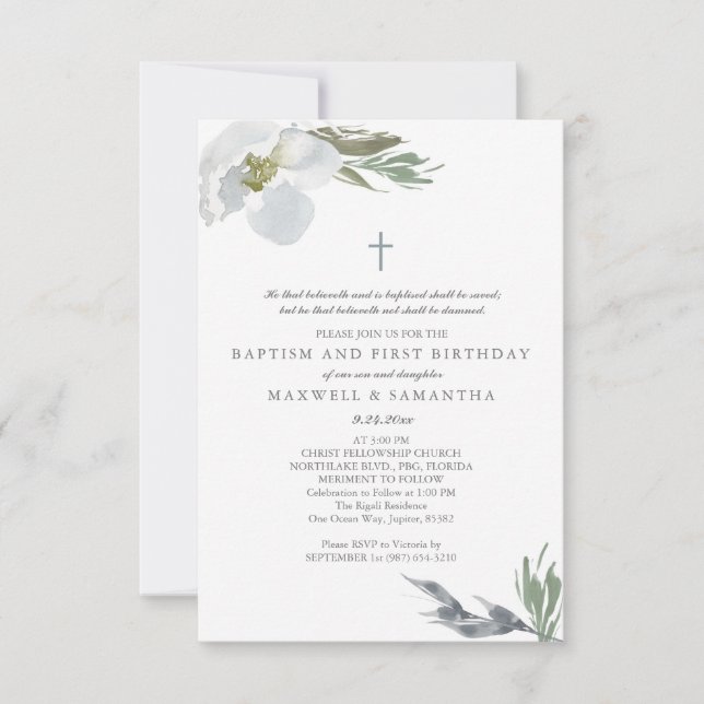Cool Gray Watercolor Florals Twins Baptism Invitation (Front)