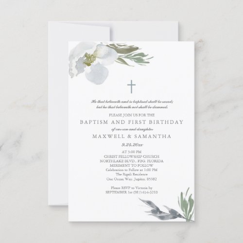 Cool Gray Watercolor Florals Twins Baptism Invitation