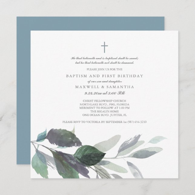 Cool Gray Watercolor Leaves Twins Baptism Invitation (Front/Back)