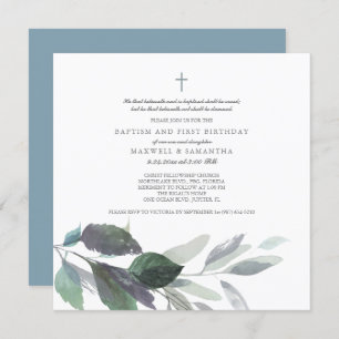 Cool Gray Watercolor Leaves Twins Baptism Invitation