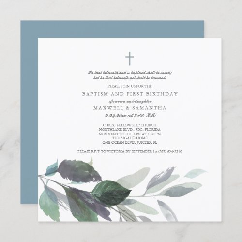 Cool Gray Watercolor Leaves Twins Baptism Invitation