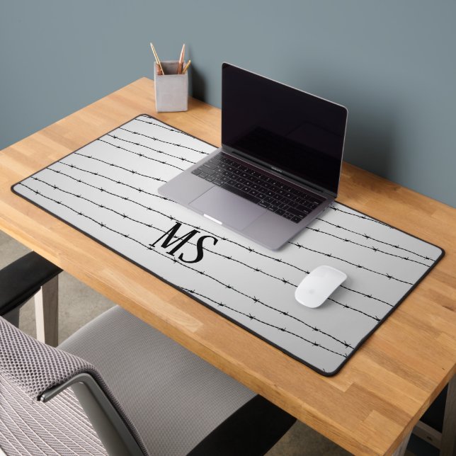 Cool gray white black barbed wire pattern Monogram Desk Mat (Office 2)