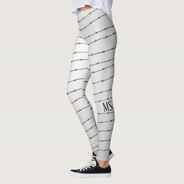 Cool gray white black barbed wire pattern Monogram Leggings (Left)