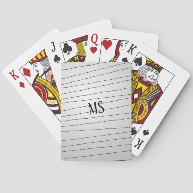 Cool gray white black barbed wire pattern Monogram Poker Cards (Back)