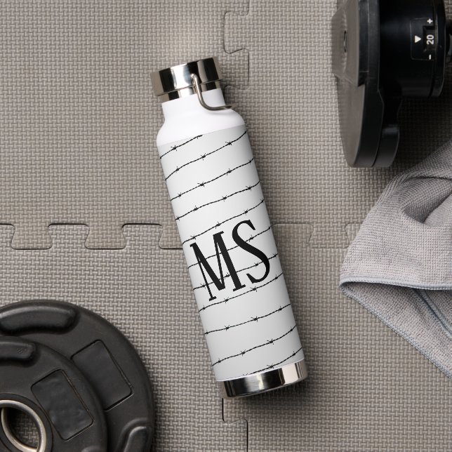Cool gray white black barbed wire pattern Monogram Water Bottle (Gym)