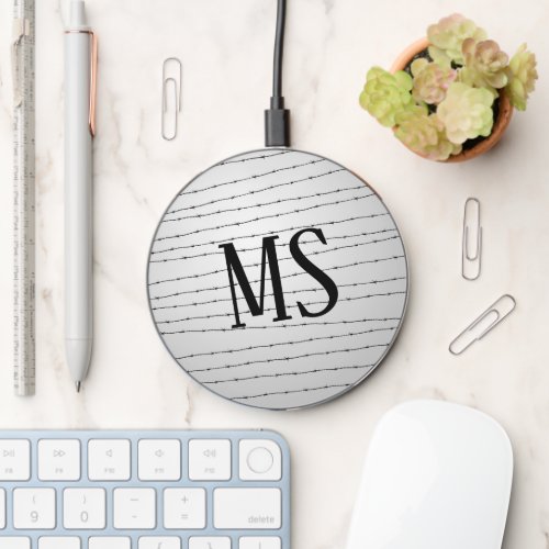 Cool gray white black barbed wire pattern Monogram Wireless Charger
