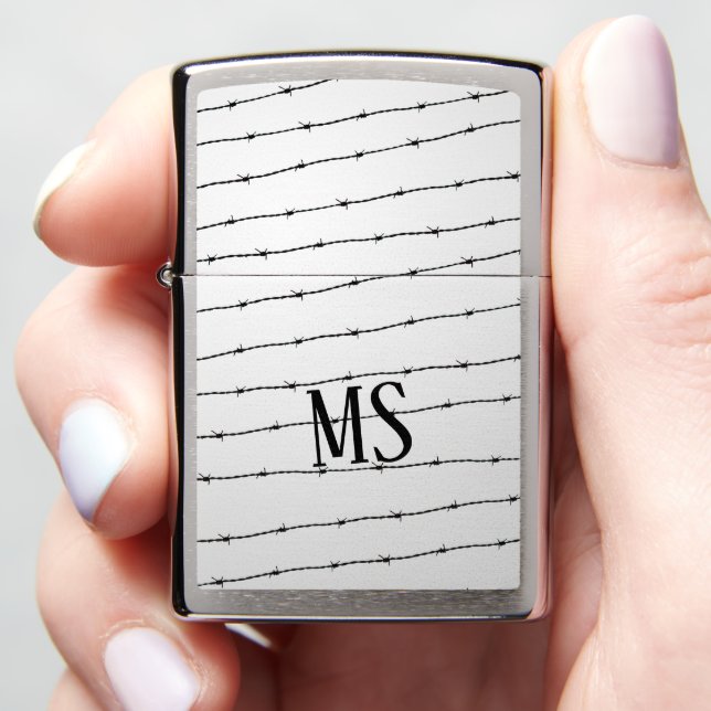 Cool gray white black barbed wire pattern Monogram Zippo Lighter (In Hand)