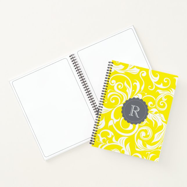 Cool Gray Yellow Floral Wallpaper Swirl Monogram Notebook (Inside)