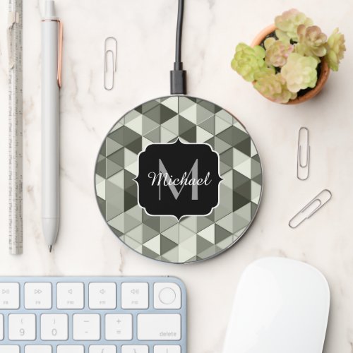 Cool Grayscale triangle geometric pattern Monogram Wireless Charger