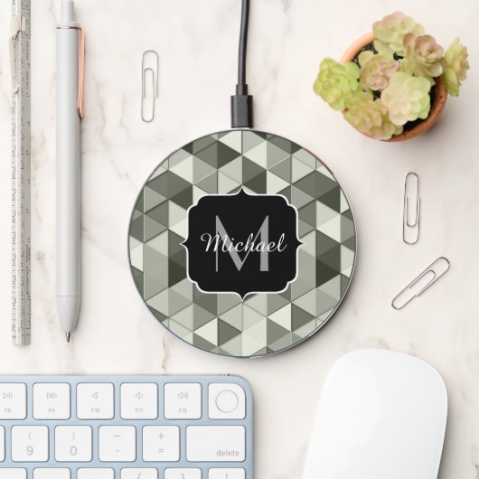 Cool Grayscale triangle geometric pattern Monogram Wireless Charger (Desk)