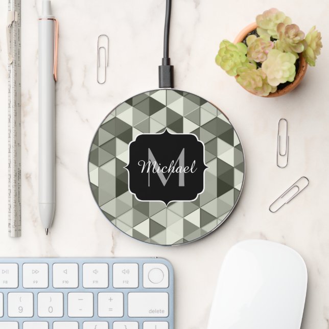 Cool Grayscale triangle geometric pattern Monogram Wireless Charger (Desk)