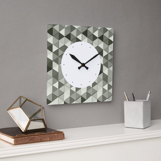 Cool Grayscale triangles geometric pattern Square Wall Clock (Office)