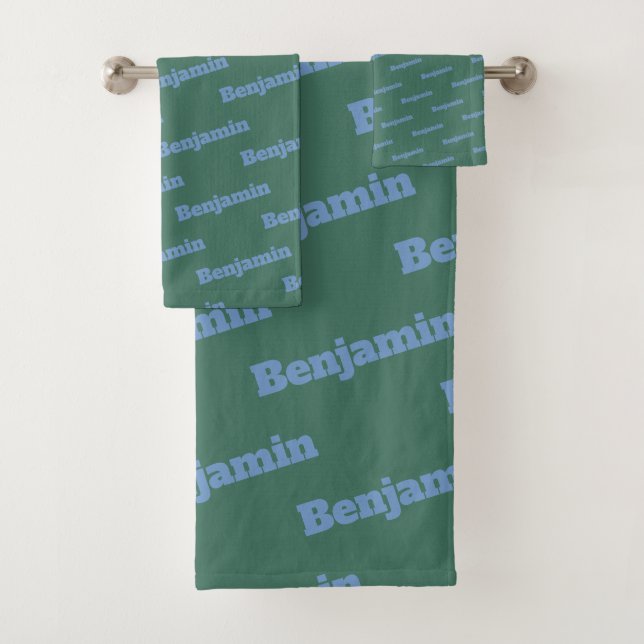 Cool Green and Blue Personalized Name Pattern Bath Towel Set (Insitu)