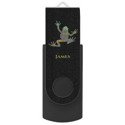 Cool Green and Gold Fractal Tree Frog with Name Flash Drive