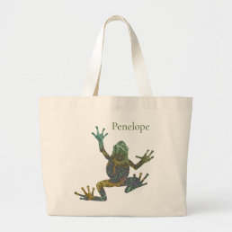 Cool Green and Gold Fractal Tree Frog with Name Large Tote Bag