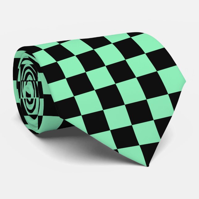 Cool green black check pattern tiled  neck tie (Rolled)
