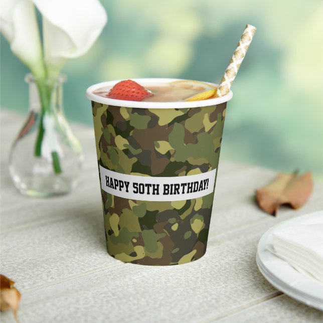 Cool Green Camo Happy Birthday Custom Age Paper Cups (Insitu)