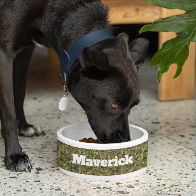 Cool Green Camo Pet Food Dish Personalized Name  (Camo Pet Food Dish Personalized with Cat or Dog's Name )