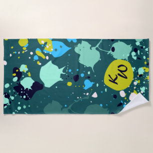 Cool Green Colorful Paint Splatter Initials Beach Towel