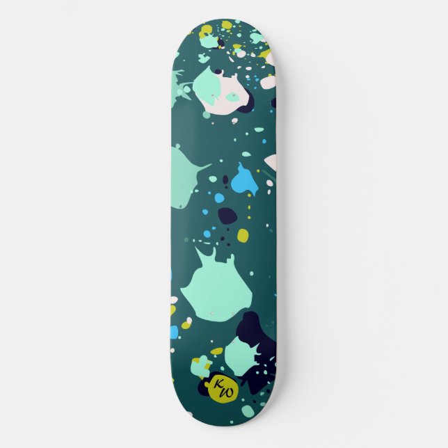 Cool Green Colorful Paint Splatter Initials Skateboard (Front)