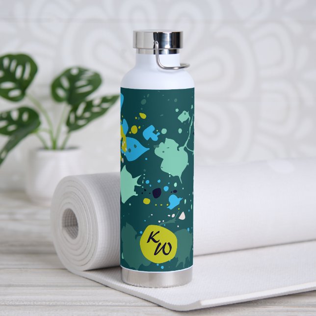 Cool Green Colorful  Paint Splatter Initials Water Bottle (Yoga)
